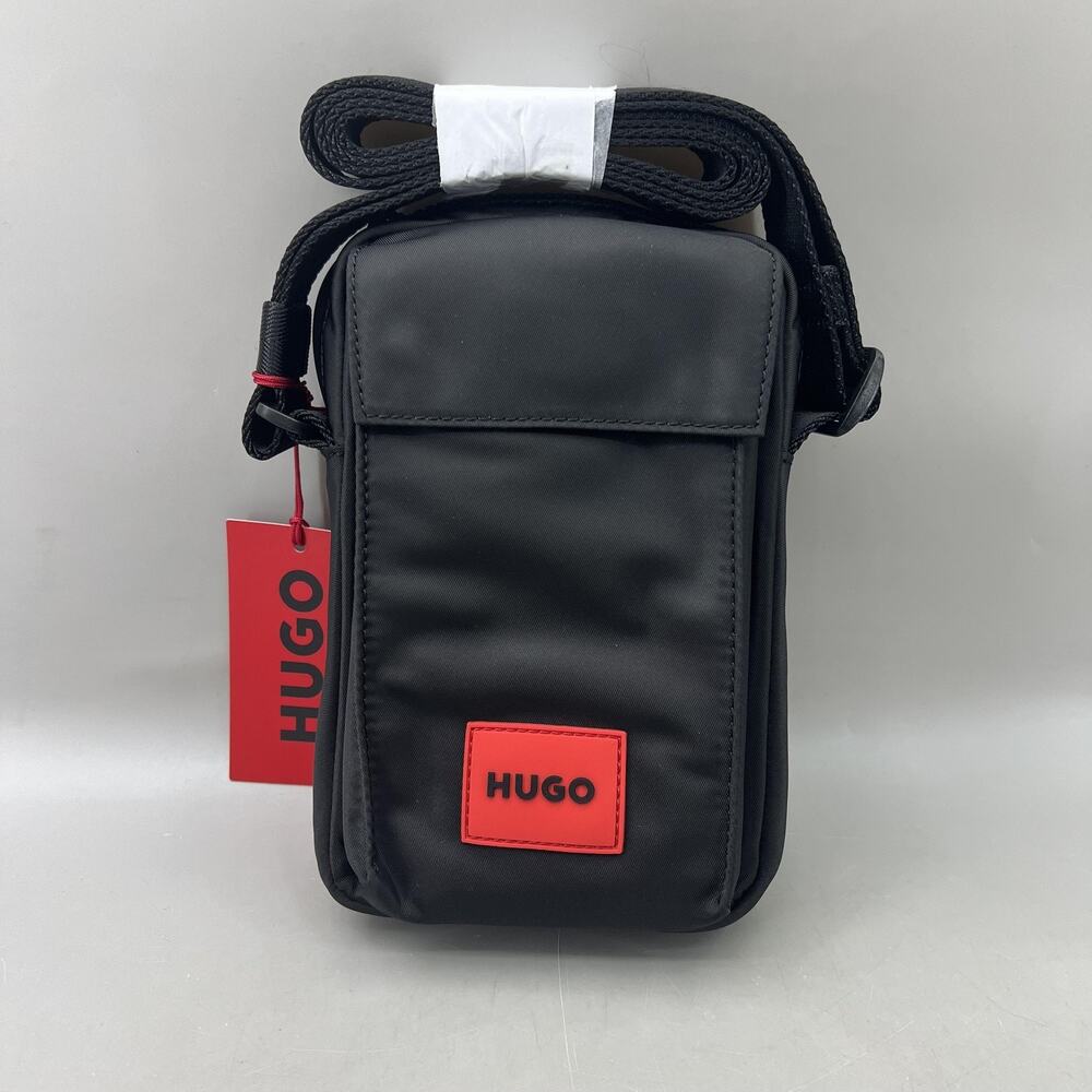 HUGO Ethon 2.0N Crossbody Bag Men Small Black Nylon Logo Red Zip Phone Pouch NEW
